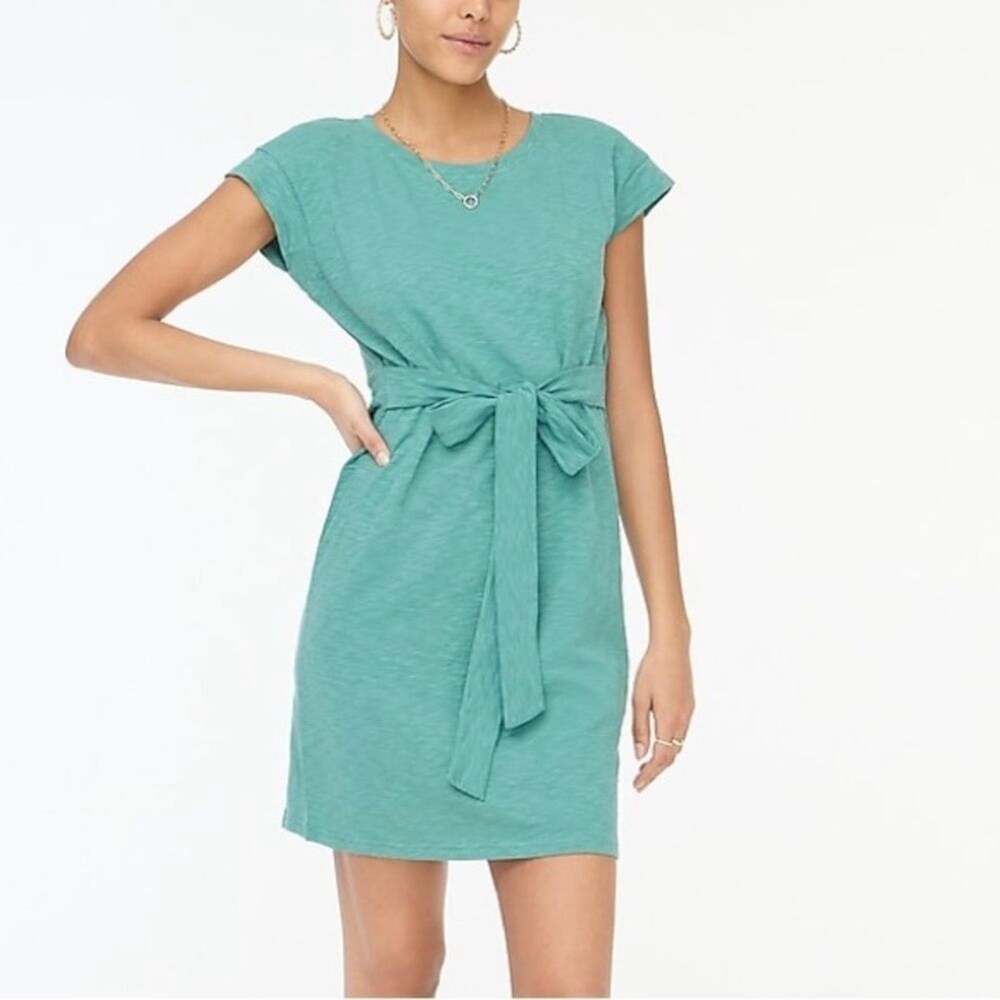 J.Crew Knit Tie Waist Mini Dress Cotton Blue Green Casual Basics Medium NWT